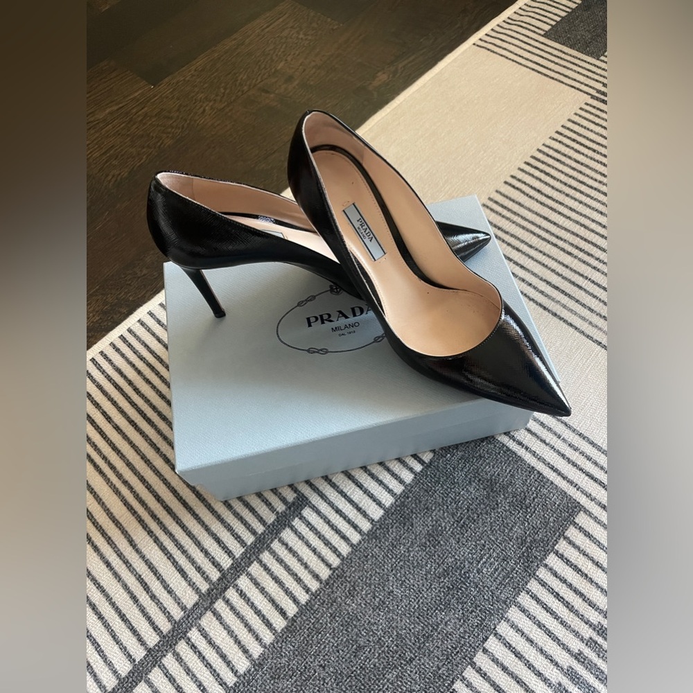 Prada Black Saffiano Patent Pumps – Classic Pointed Toe Heels, Size EU 40.5